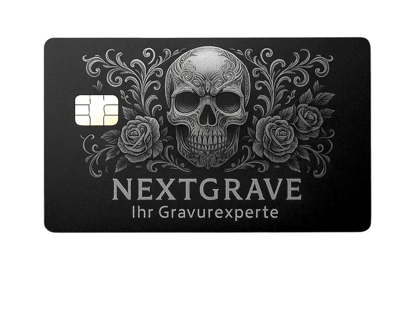 Kredit-/Debitkarte aus Metall - Farbe: Schwarz Matt / Gravur: Silber - Kleiner Chip